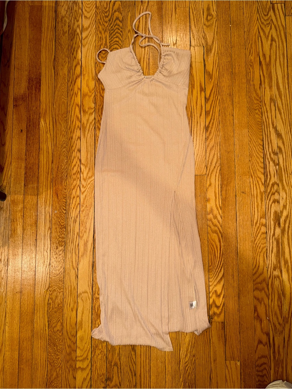 Ribbed Halter Midi Dress in Light Beige
